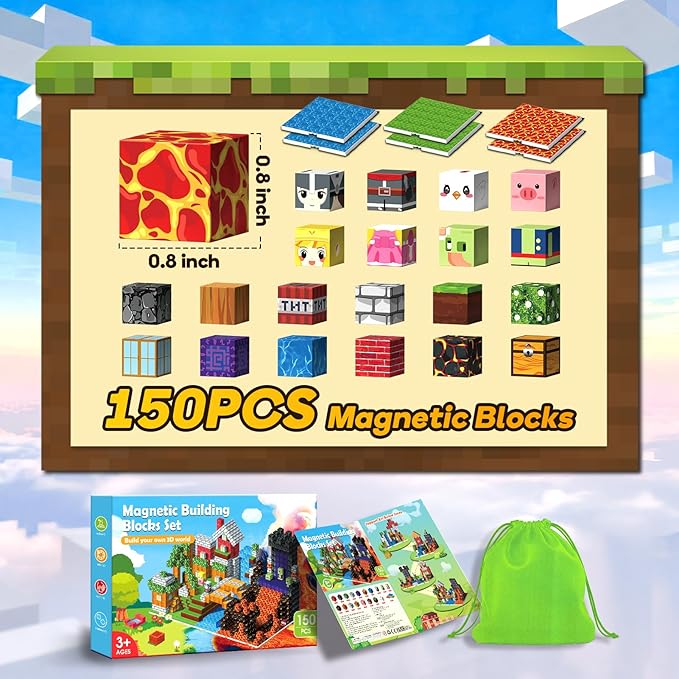 150PCS Magnetic Building Blocks - 6 Big Magnetic Base Building STEM Toys, Magnet Cube Game for Kids, Build Mine Castle Volcano World for Boys Girls Age 3-5 4-8 8-12, Sensory Outdoor Travel Toys Gifts