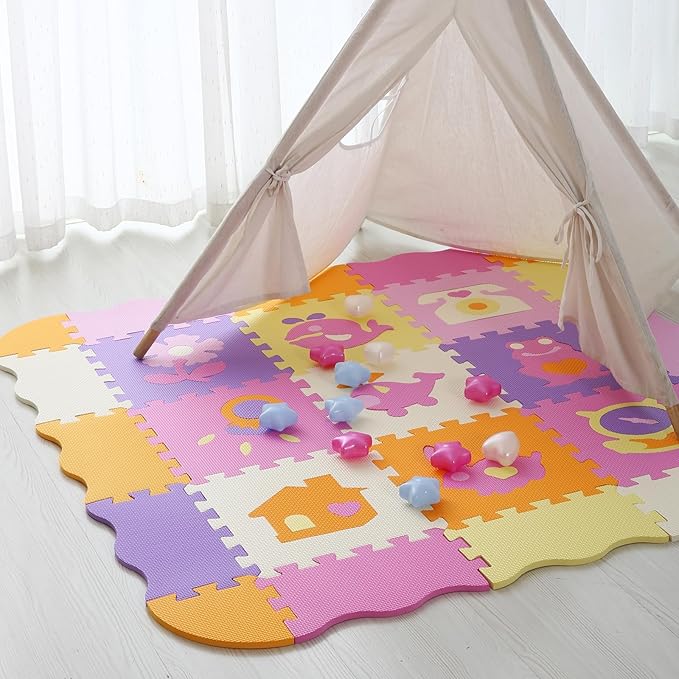 Foam Play Mat for Kids,25Pcs Square Interlocking Puzzle Floor Mat,Baby Play Mat Floor Mat Foam Puzzle Playmat for Toddlers with Fence - 9 Different Animal