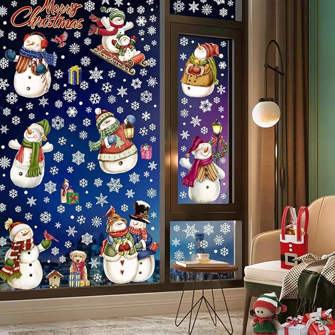 195 Pcs Christmas Window Clings Xmas Snowman Snowflake Window Decoration Large-Size Double-Side | Reusable Snowflake Window Stickers for Xmas Decorations Party Home Decor
