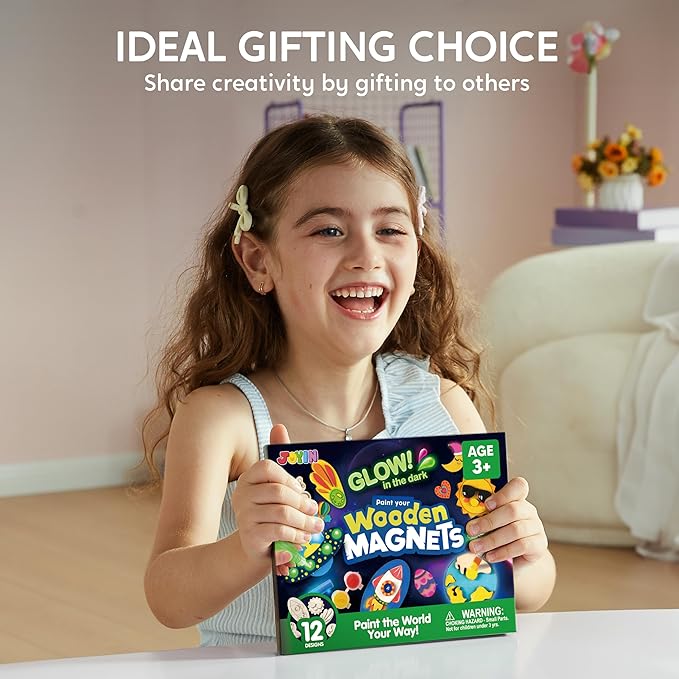 JOYIN 12 Glow in The Dark Wooden Magnets for Kids, Paint Your Own Arts and Crafts Painting Kit, Halloween Crafts Birthday Parties and Family Crafts Gift, Party Favors for Boys Girls Ages 3+