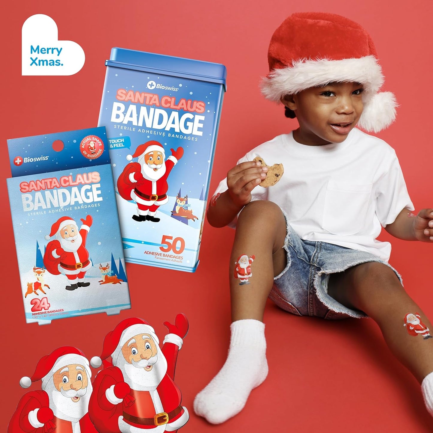 BioSwiss Bandages, Santa Claus Shaped Self Adhesive Bandage, Latex Free Sterile Wound Care, Fun First Aid Kit Supplies for Kids, 24 Count