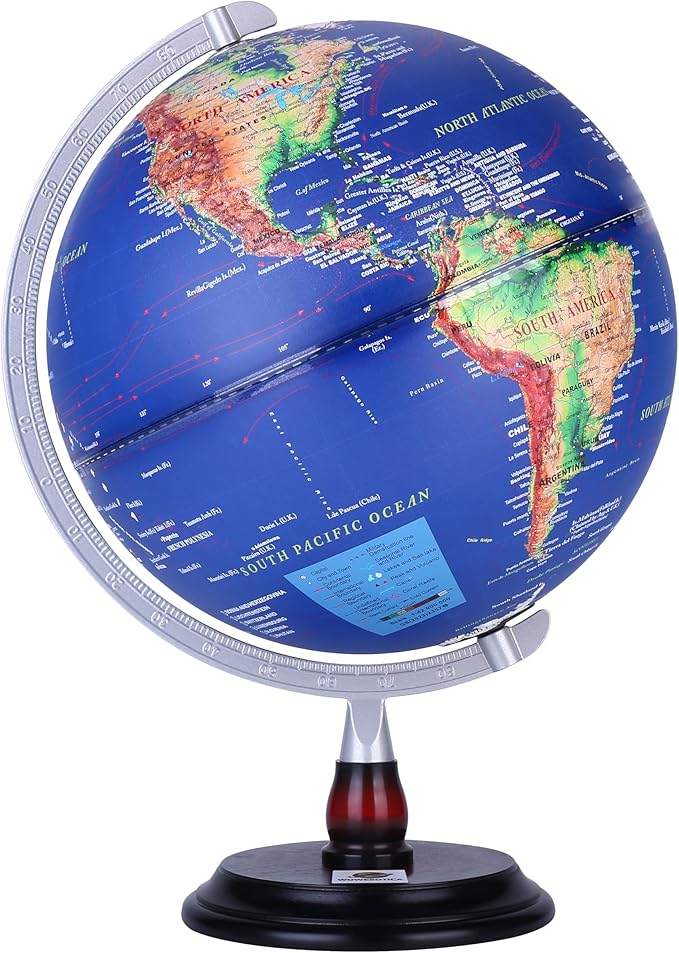12” Raised Relief World Globe with LED Light, Desk Globe with Wood Base & Metal Meridian,Educational Geography Tool for Students, Teachers & Office Decor(Blue, 12 Inch)