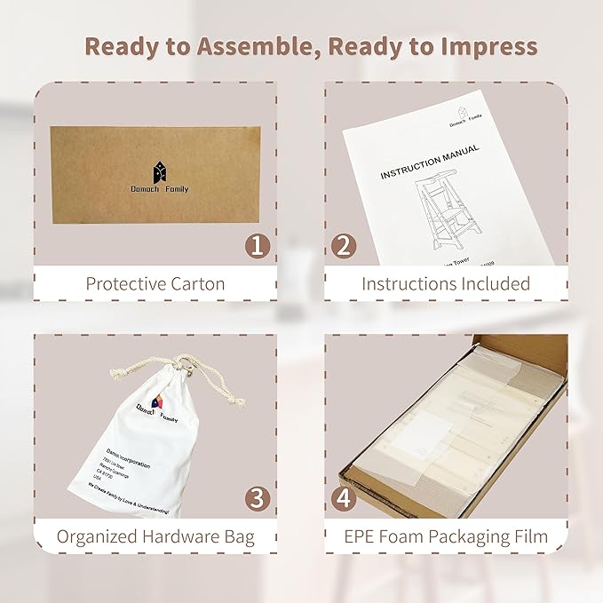 Damoch Family® Adjustable Wooden Learning Helper and Kitchen Tower for Kids - Montessori-Inspired Toddler Tower and Stool for Safe Participation in Kitchen Activities