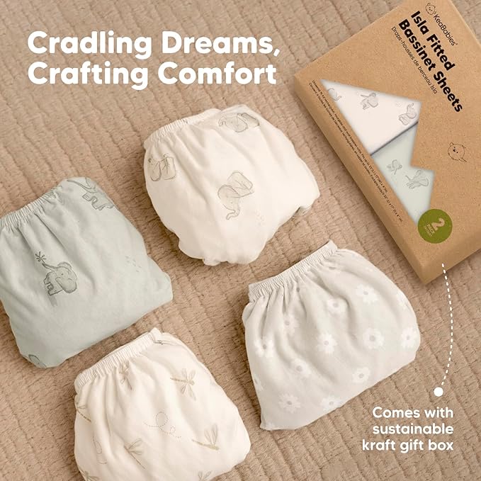 2-Pack Baby Bassinet Sheets Girl, Boy - 33x17 Viscose Derived from Bamboo Bedside Mattress Fitted Bassinet Sheets, Compatible with Halo Bassinest Swivel Sleeper, Baby Delight, Graco(Dreamland)