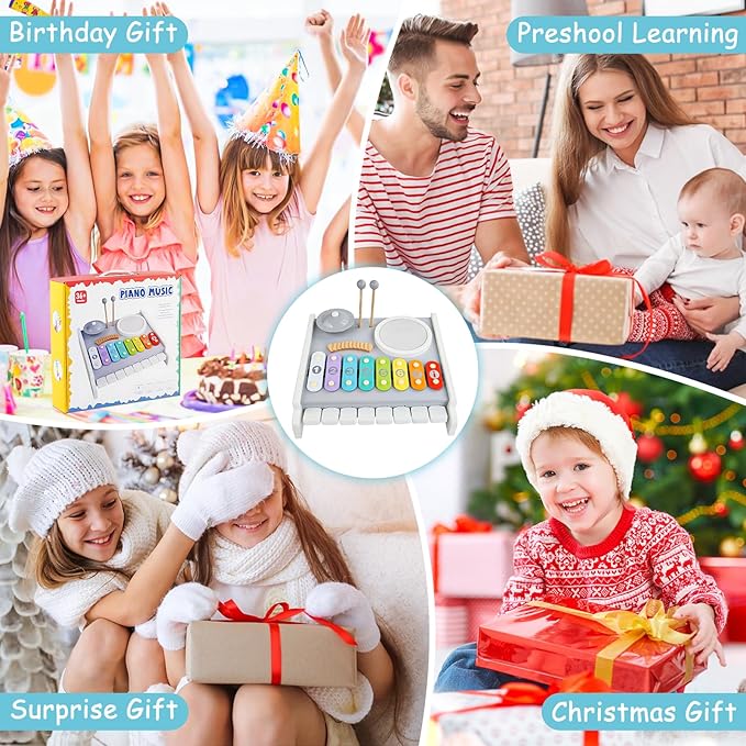 Kids Musical Instruments Piano Drum Set - 5 in 1 Montessori Toys for Toddler Baby, Wooden Music Kit with Piano Keyboard Xylophone, Preschool Educational Sensory Toys, Gifts for Boys Girls