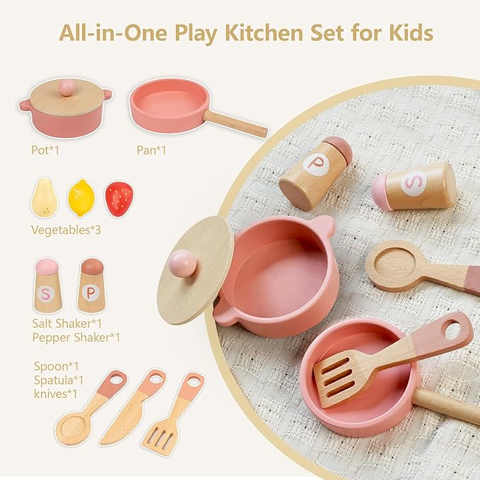Pink Wooden Play Kitchen with Realistic Features & Accessories, Pretend Cooking Toy for Kids 3+, Ideal Gift for Toddler Boy and Girls