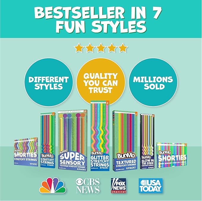 BUNMO Sensory Toys Stretchy Strings for Toddlers 3+ - Stimulating & Addictive Fidget Toys for Kids - Hours of Fun for Kids - Non-Mouthable Toy 3+ - Glitter 6 Pack