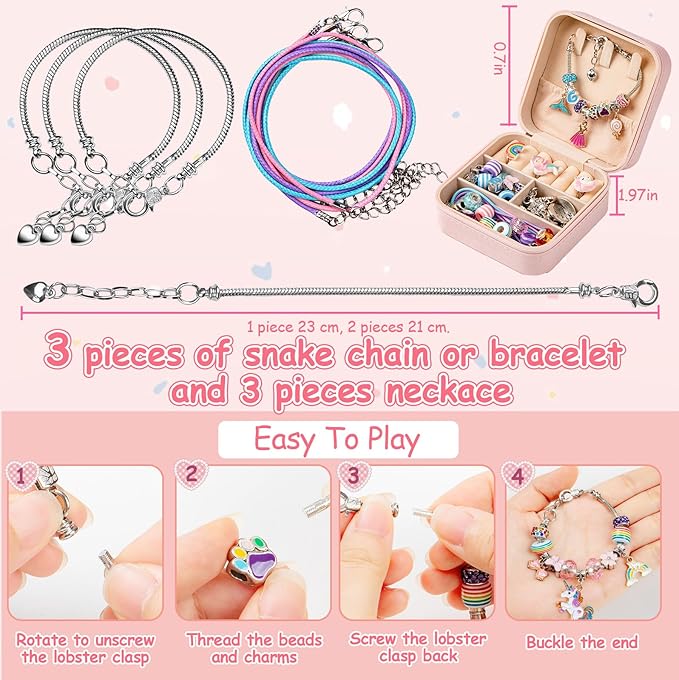 Charm Bracelet Making Kit with Portable Jewelry Case, DIY Beads and Charms Set for Creative Jewelry Making, Unicorns Mermaid Bracelets Necklaces and Rings Gift Set