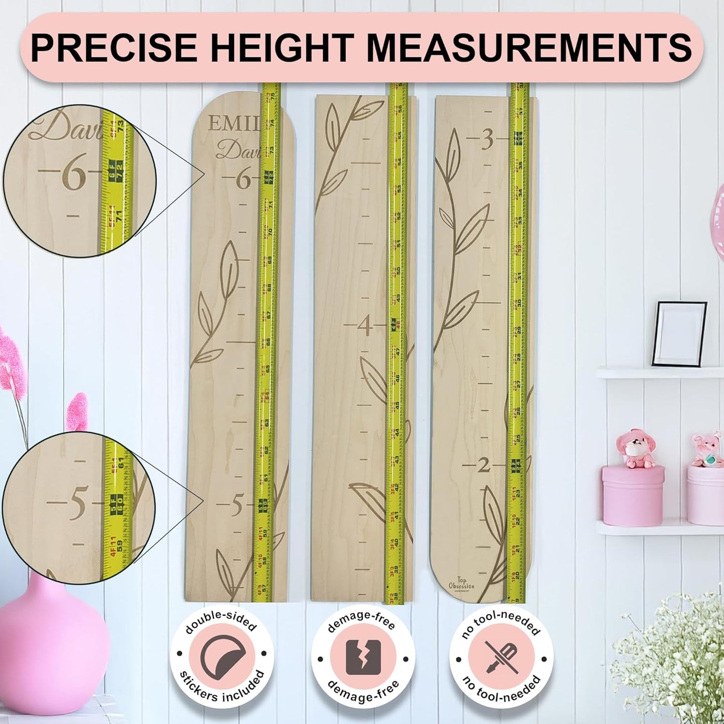 Personalized Wooden Growth Chart for Wall - Custom Name Kids Measurement Growth Chart for Girls, Child Height Measuring Chart Wooden, Baby Height Chart Wall Ruler Wood Wildlife Butterfly, 2 Sizes
