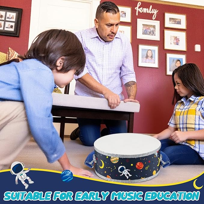 Boao 2 Pcs Kids Drum Set, 8 Inch Toddler Drum Wooden Toy with Adjustable Strap and 4 Drumsticks, Educational Sensory Musical Instrument for Toddlers Kid Baby Boys Girls Gift (Dinosaur,Space)