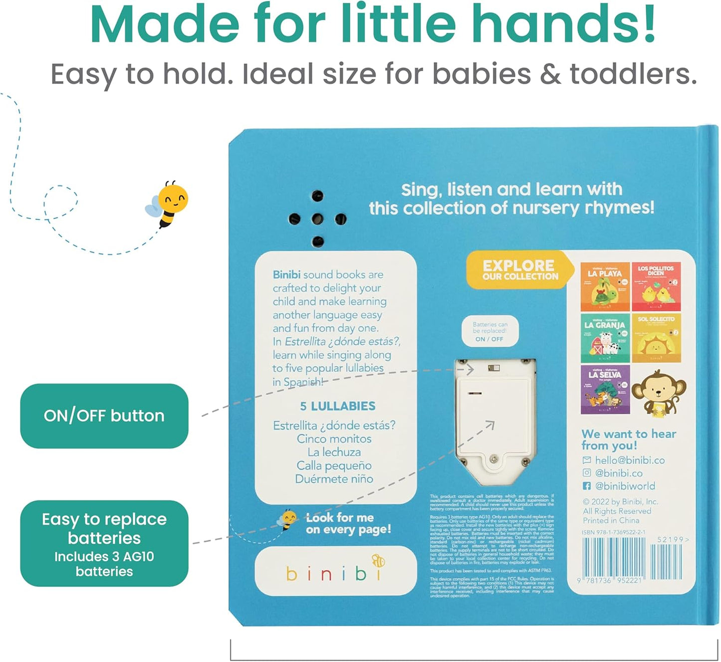 Binibi Spanish Musical Book for Toddlers 1-3 Estrellita ยฟDรณnde Estรกs? & Other Nursery Rhymes | Spanish Learning for Kids | Bilingual Children's Sound Book | Libro en espaรฑol para bebรฉs