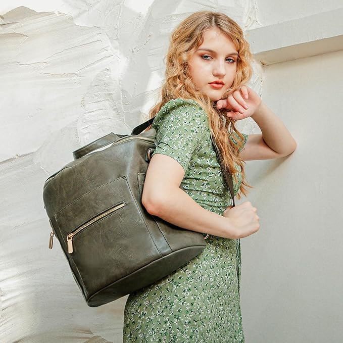 miss fong Diaper Bag Backpack Baby Diaper Bag, Large Leather Diaper Backpack with 16 Pockets Travel Diaper Bag with Diaper Changing Pad, Stroller Straps & 2 Insulated Pockets (Convertible, Forest)