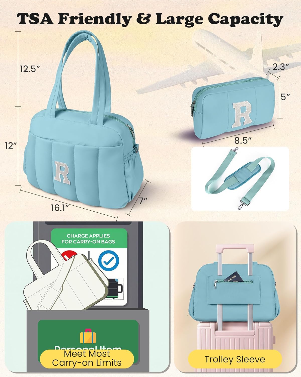 Duffle Bag, Weekender Bags for Girl,Gifts for Teen Girls 16-18-Initial Overnight Bag with Wet Pocket,Lightweight Dance Bags Personalized Gymnastics bag with Makeup Pouch