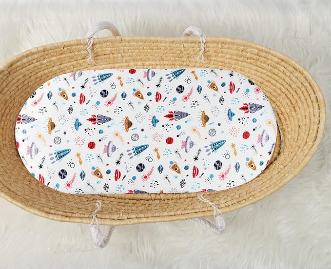 Bassinet Sheet Set 2 Pack Snug Fitted Cradle Fitted Sheets, Stretchy Ultra Soft, for Oval Rectangle Hourglass Bassinet Mattress, Unisex Boy Girl, Planet Rocket Satellite & Car