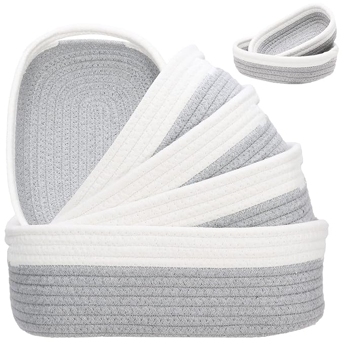 7 Piece Cotton Rope Woven Basket Set - Small Basket for Baby Nursery, Pets, Montessori, Dog & Cat Toy Boxes, Bathroom Organization Bins (White/Gray)