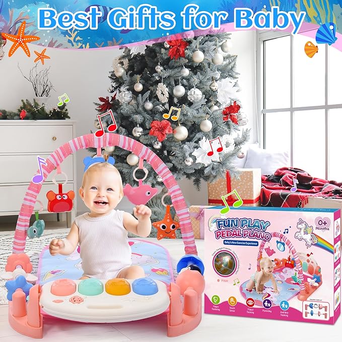 Baby Gyms Play Mats, Baby Toys Tummy Time Mat, Baby Activity Mat Play Piano Gym with 5 Sensory Toys for Babies, Music and Lights Boy & Girl Gifts for Infant Newborn Baby 0-3 4-6 6-9 6-12 Months