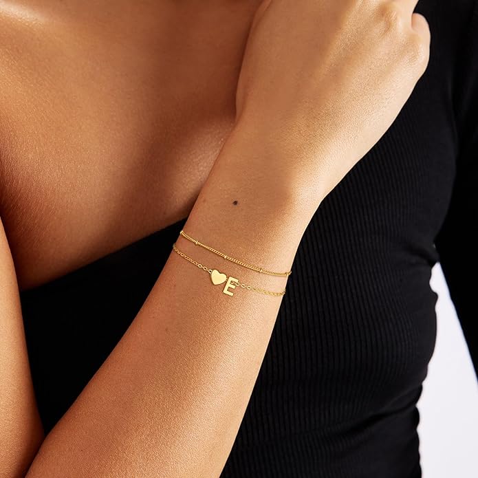 Gold Initial Bracelets for Women Girls - 14K Gold Plated Heart Initial Bracelet Teen Girl Gifts Trendy Stuff Dainty Gold Bracelets for Women Girls Trendy Jewelry Gifts