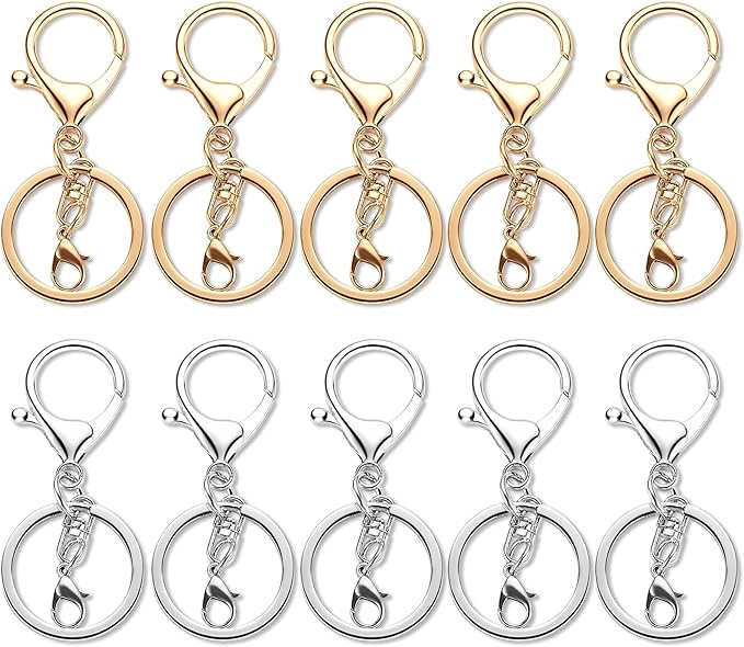 10 Pack a Set Metal Lobster Claw Clasps and Key Rings, Key Chain Accessories, Keychain Making kit for Keys, Art Crafts, Jewelry Making, Silver - Light Gold
