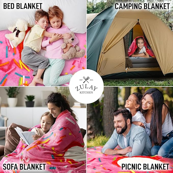 Zulay Kitchen Donut Blanket – 60 Inch Round Pink Glazed Throw – Soft 285 GSM Flannel Blanket for Adults & Kids – Cozy, Funny, Novelty Gift for Home, Travel & More