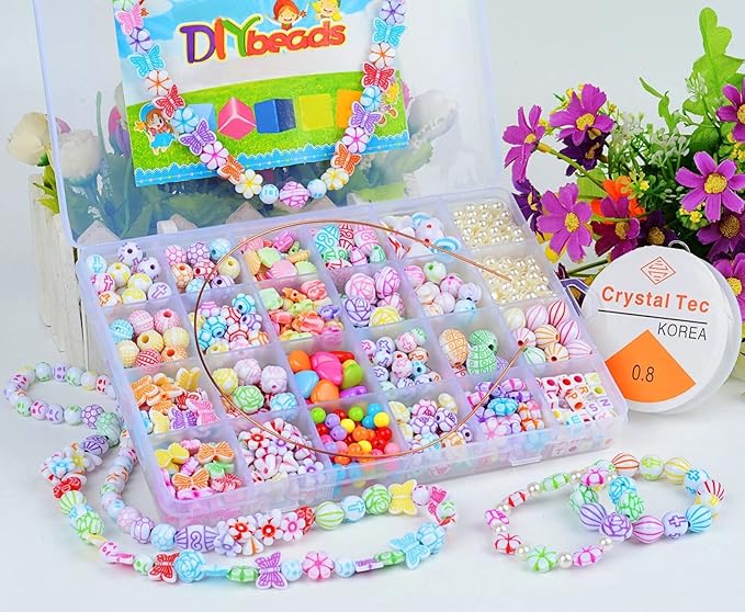 Kids DIY Bead Jewelry Making Kit, Beads for Girls Toys Bead Art and Craft Kits DIY Bracelets Necklace Hairband and Rings Toy for Age 4 5 6 7 8 9 10 11 Year Old Girl Gifts