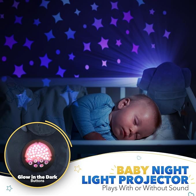 Bubzi Co Sound Machine, Portable Elephant Soother & Night Light Projector, Comforting Electronic Infant Toddler Sleep Aid & Baby Shush With White Noise