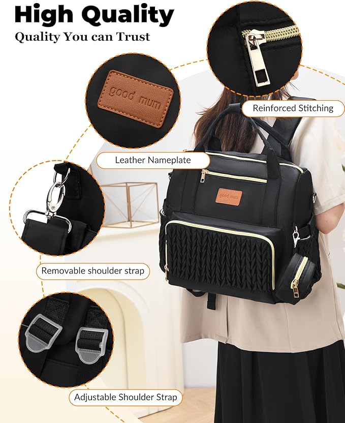 Backpack Diaper Bag,Stylish Waterproof Baby Diaper Bags with Changing Pad,Insulated Pockets,Multi-Function Travel Diaper Backpacks,Gift for New Parents,Black