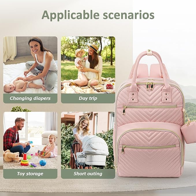 Diaper Bag Backpack,Baby Essentials Diapers Bag with Pacifier Case,Multipurpose Stylish Large Capacity Travel Backpack for Baby Girl/Boy(L-Pink)