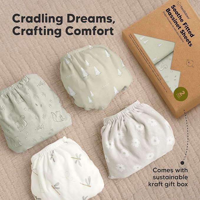 2-Pack Organic Bassinet Sheets for Girls, Boys - 100% Cotton Bassinet Mattress Sheets Compatible with Halo Bassinest Swivel Sleeper, Graco, Baby Delight, Chicco, Fitted Bassinet Sheets (Pine Grove)