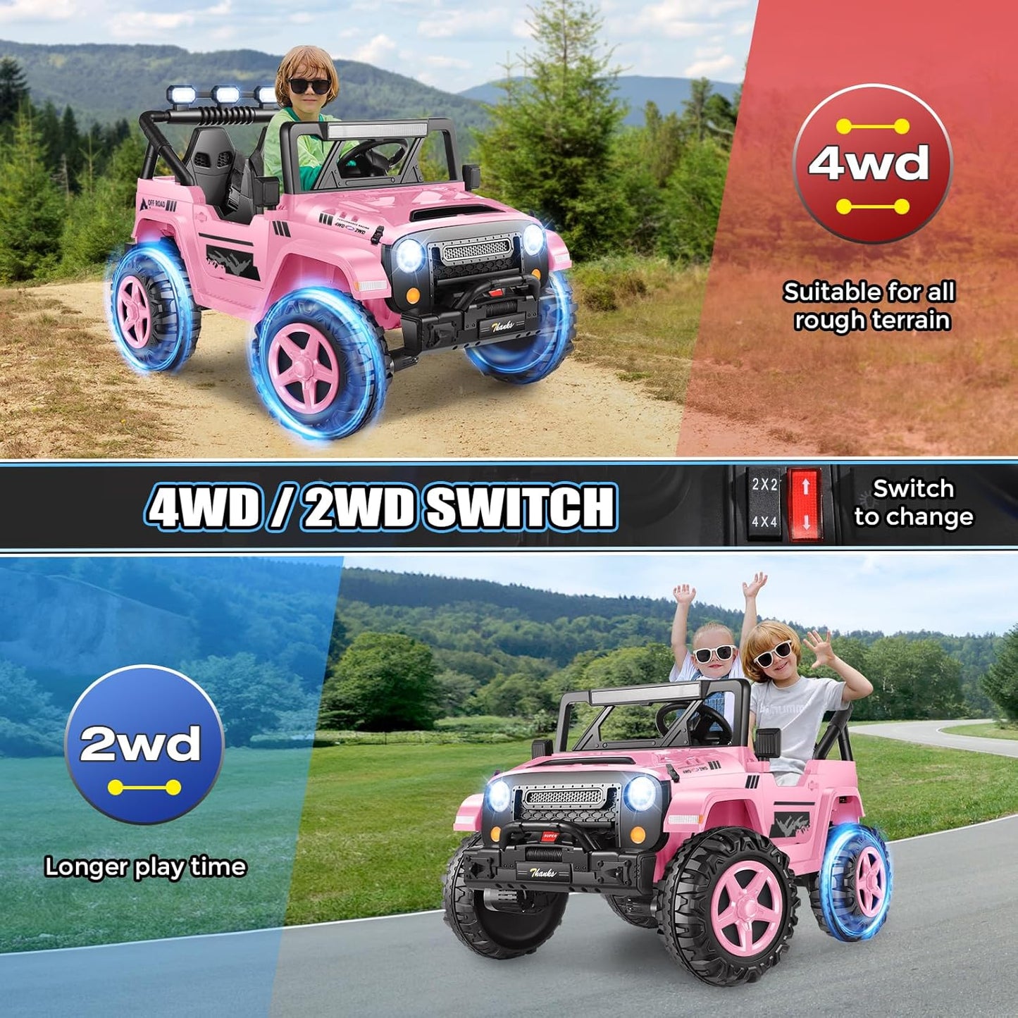 Hikole 24V Ride on Toys for Kids - 4WD/2WD Switchable 2 Seater Kids Electric Car with 4x200W Motors, Remote Control, 3 Speeds, LED Lights, MP3 Player, Safety Belt, Gift for Girls, Pink