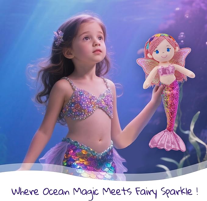 June Garden 16" Selina Pearl Mermaid Fairy Doll – Soft Plush Doll with Shimmery Wings & Sparkly Tail – Huggable Stuffed Toy Gift for Girls Age 18 Months and Up