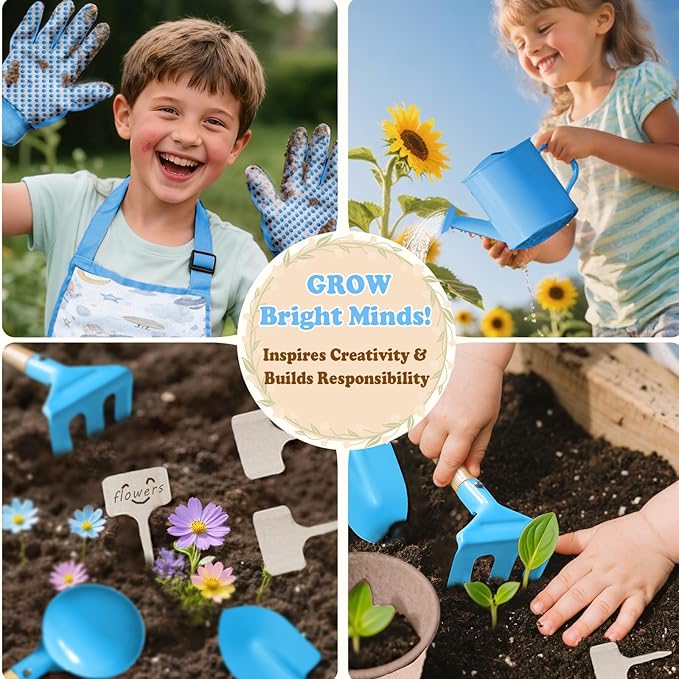 Kids Gardening Tool Set 18PCS Kids Toddler Gardening Set Includes Tote Bag Watering Can Apron Hat Rake Shovel Spoon Gloves Plant Pots and Labels, Outdoor Toys Gift for Boys Girls (Blue)