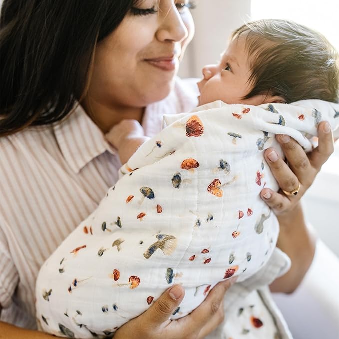 Little Unicorn Newborn Receiving Quilt | Ultra- Soft, Multi-Layered Muslin Fabric | Gift for Newborns & on-The-go (Mushrooms)