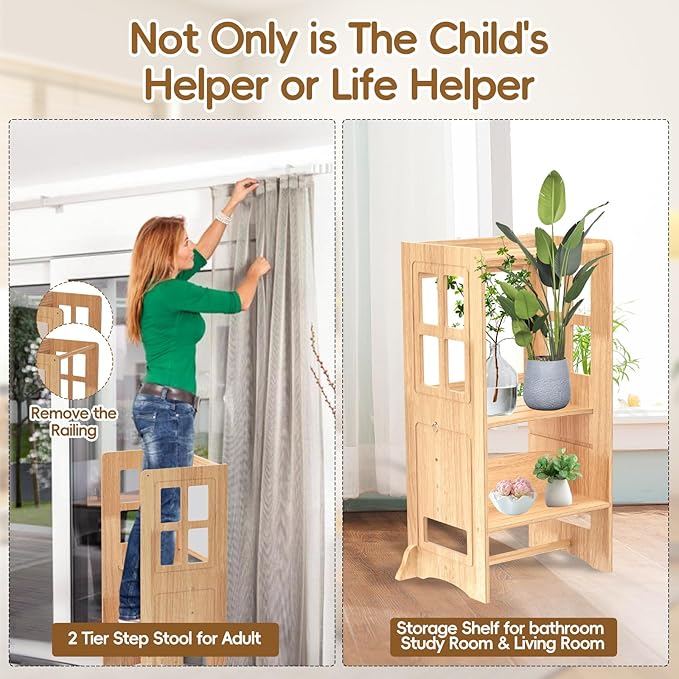 4 in 1 Toddler Step Stool Convertible Table and Chair, Adjustable-Height Toddle Kitchen Step Stool Helper Tower with Double-Sided Whiteboard, Kids Learning Standing Tower for Bathroom Sink