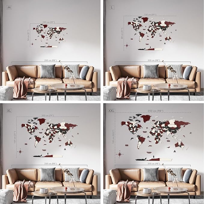 Colorfull Worlds 3D Wooden World Wall Art | Unique Wall Decor with Pins for Travel Enthusiasts | Home and Office Wall Décor | Burgundy | XLarge