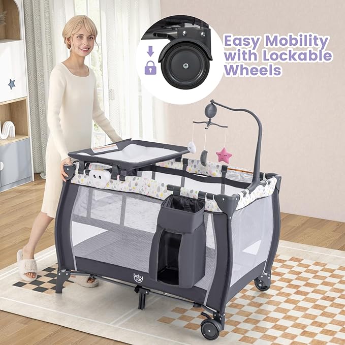 Costzon 3 in 1 Pack and Play with Bassinet, Portable Baby Playard with Changing Table, Music Box, Whirling Toys, Wheels/Brake, Basket, Bag, Foldable Infant Bassinet for Baby Toddlers Indoor Outdoor