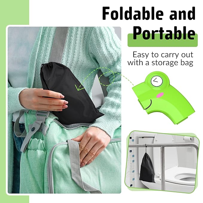 Portable Potty Seat for Toddler Travel - Foldable Non-Slip Potty Training Toilet Seat Cover for Boys Girls, Baby Kids with Drawstring Bag (Green Frog)