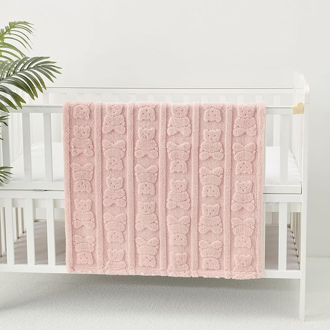 CREVENT 30"X40" Cozy Soft Warm Sherpa Baby Blanket for Girls Boys, Newborn Essentials for Infant, Baby Shower Receiving Gift - Pink Bear 75X100cm