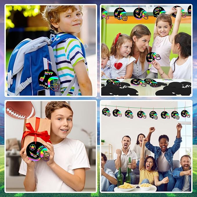 JULMELON 36 PCS Football Crafts for Kids, Rainbow Scratch Paper Art for Kids Football Party Favors Helmet Scratch Off Cards for Birthday Party Supplies School Activities