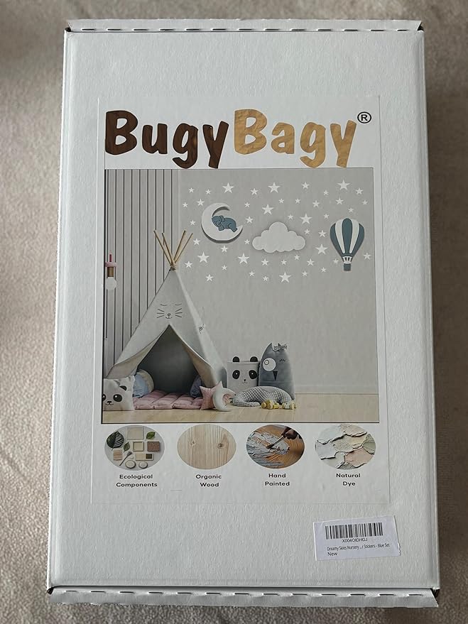 Dreamy Skies Nursery Wall Set – Elephant on Moon, Hot Air Balloon & Star Stickers (Blue Theme)