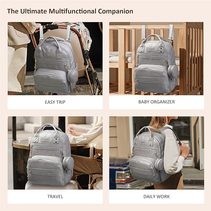 Premium Vegan Leather Diaper Bag Backpack with Waterproof Changing Pad, Reinforced Zippers & Odor-Free, 20 Pockets Pro Organizer, Fits 15.6" Laptop, Stroller Straps, Baby Bag for Mom, Grey