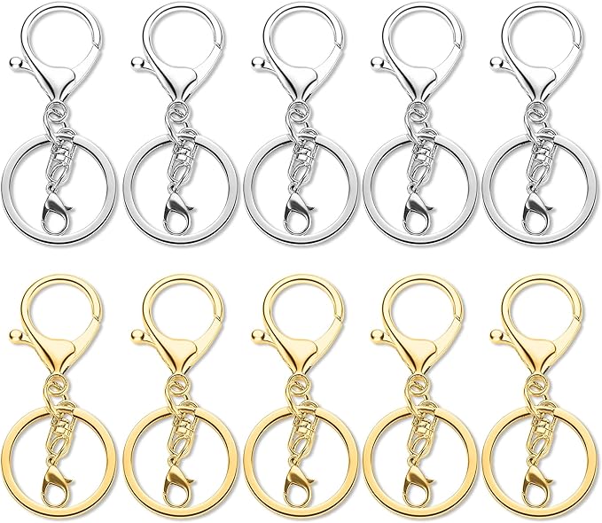 10 Pack a Set Metal Lobster Claw Clasps and Key rings, Key chain Accessories, Keychain Making kit for Keys, Art Crafts, Jewelry Making, Silver - Gold