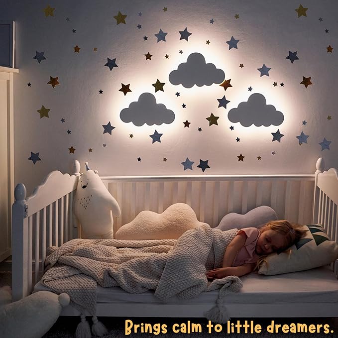 Nursery Night Light – Dimmable Cloud Wall Light for Kids and Baby Room Decor – Rechargeable LED Light with Touch Control for Bedtime Routines (Star Decals Included)