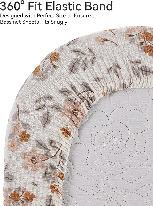 TILLYOU Muslin Bassinet Sheets for Baby Boys Girls 3 Pack, Soft Breathable Elastic Cotton Bassinet Mattress Sheets, Fit Hourglass Oval Rectangle Cradle Mattress, 33"X17",Yellow Flower