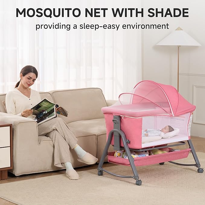 Real Relax Baby Bassinet Bedside Sleeper, 3 in 1 Bedside Crib with 6 Adjustable Height and Mosquito Nets, Portable Bedside Bassinet for Baby with Wheels, Easy to Fold, Included Mattress, Pink