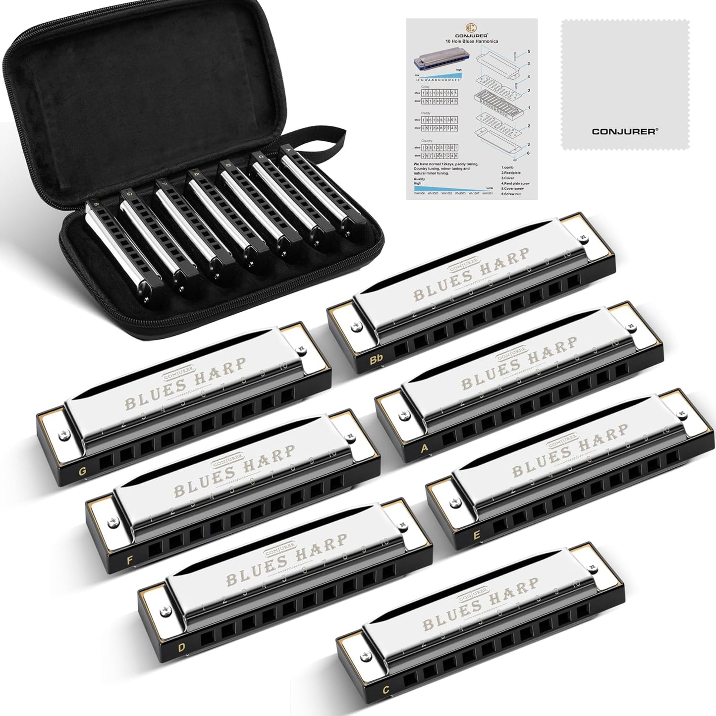 CONJURER Blues Harmonica for Beginners, 10 Hole D Key Diatonic Blues Harp with Stainless Steel Cover & Phosphor Bronze Reeds, Professional Grade for Adults, Gifts (Silver D)