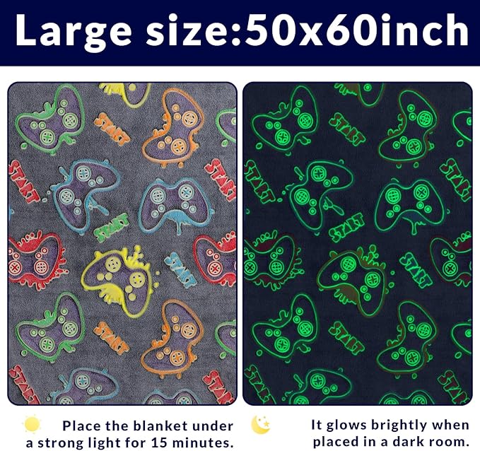 Gamer Gifts for Teen Boys Kids Gaming Controller Toys - Glow in The Dark Blanket Gamepad Gifts for 2 4 6 8 10 11 Year Old Boys - Game Room Decor for Men Son Boyfriend Birthday Christmas 50"x60"
