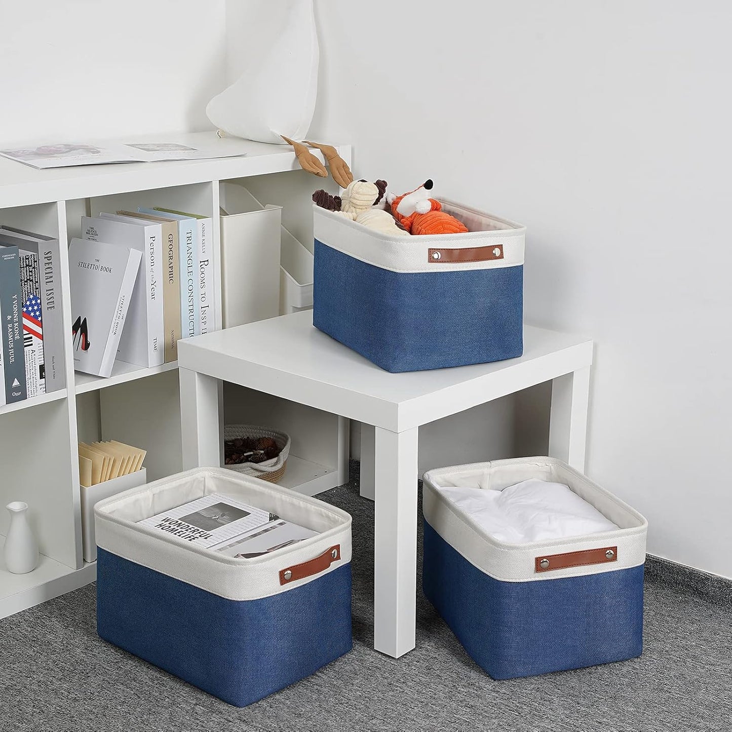 DULLEMELO Fabric Storage Bins, Foldable Storage Baskets for Organizing, Empty Gift Baskets (3-Pack Medium-15 inch X 11 inch X 9.5 inch , White&Blue)