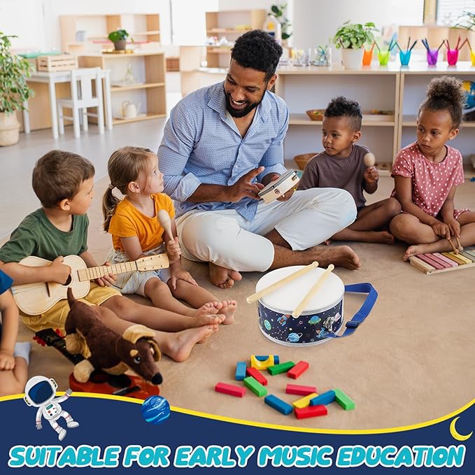 Boao 1 PC Kids Drum Set, 8 Inch Toddler Drum Wooden Toy with Adjustable Strap and 2 Drumsticks, Educational Sensory Musical Instrument for Toddlers Kid Baby Boys Girls Gift(Space)