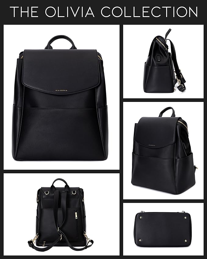 MIA + SOPHIA Leather Diaper Bag Backpack with USB Charging port, Changing Pad, Stroller Straps, and Bottle Holder (Black Olivia)