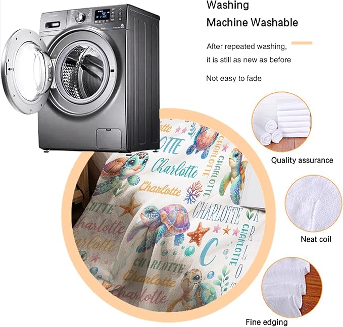 Personalized Baby Blanket for Girls Boys Kids Sea Turtle Custom Baby Blanket with Name Throw Birthday Gift for Toddlers Infants Shower Newborns Nursery Stroller Crib Bed Decor